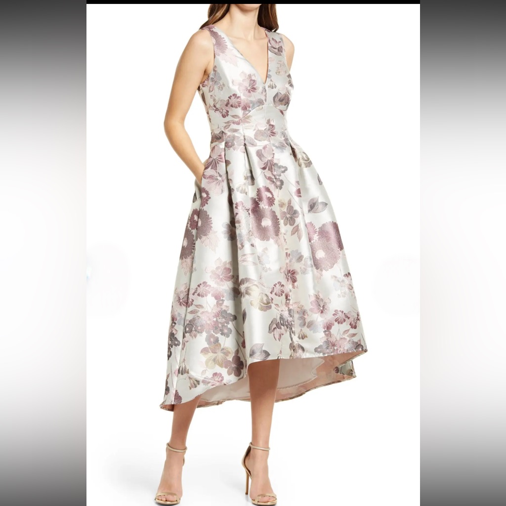 Nwt Eliza J Metallic Floral Jacquard High/Low Dress Size 6